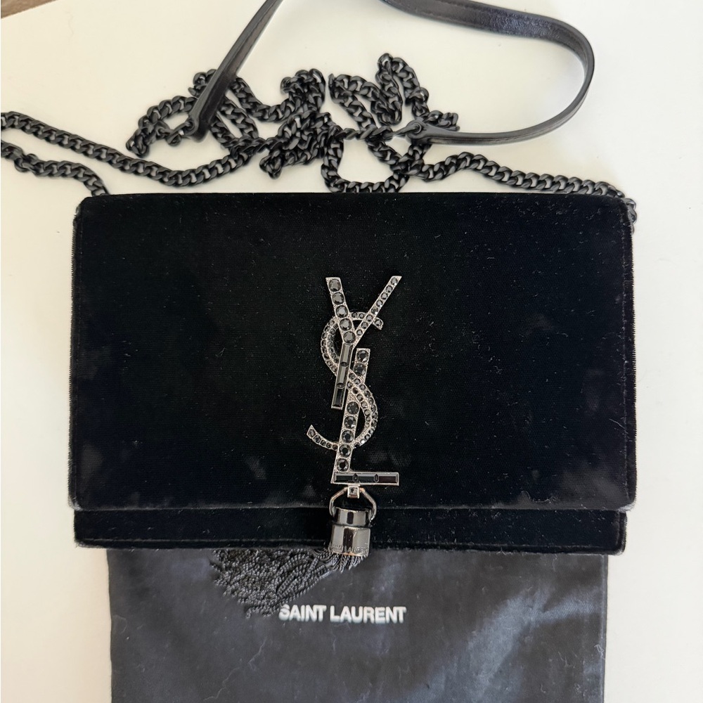 Saint Laurent Black Velvet YSL Tassel Chain Shoulder Bag
